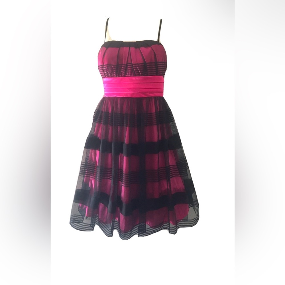 NWT My Michelle Pink With Black Net Overlay Dress Fit N Flare Mid-length Sz M